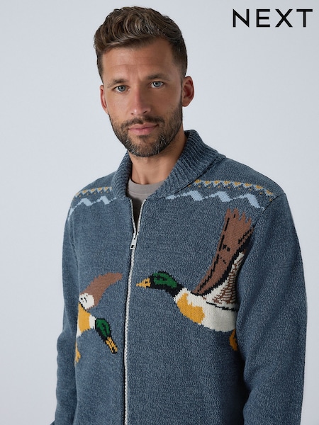Blue Relaxed Fit Duck Pattern Shawl Cardigan with Wool (F98741) | £55