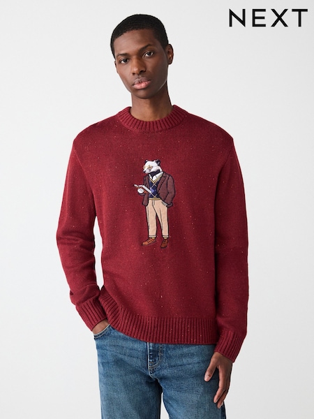 Burgundy Red Regular Fit Badger Graphic Nep Crew Jumper with Wool (F98743) | £45