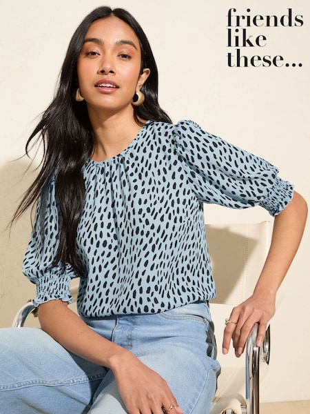 Friends Like These Blue Print Petite Short Sleeve Shirred Cuff Blouse (F99261) | £30