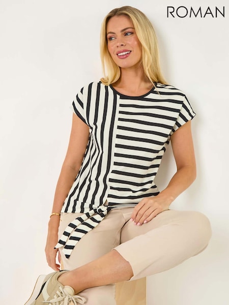 Roman Black Petite 100% Cotton Block Striped Tie Side Top (F99301) | £32