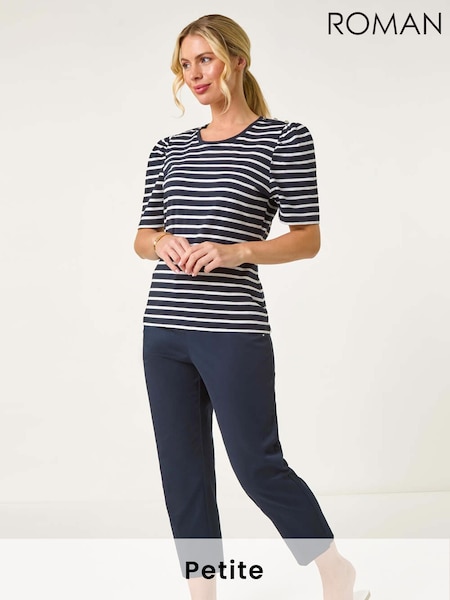 Roman Blue Petite 100% Cotton Stripe Ruched Stretch Top (F99303) | £32