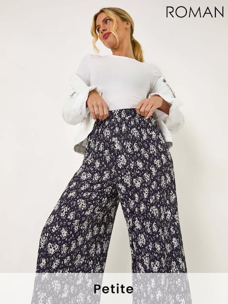 Roman Blue Petite Floral Crinkle Cropped Trousers (F99322) | £32