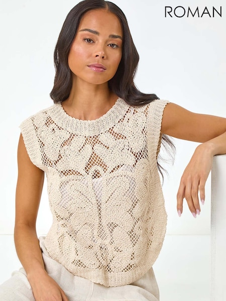 Roman Natural Petite 100% Cotton Curve Hem Crochet Top (F99326) | £32
