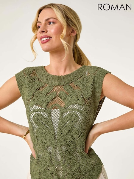 Roman Green Petite 100% Cotton Curve Hem Crochet Top (F99327) | £32