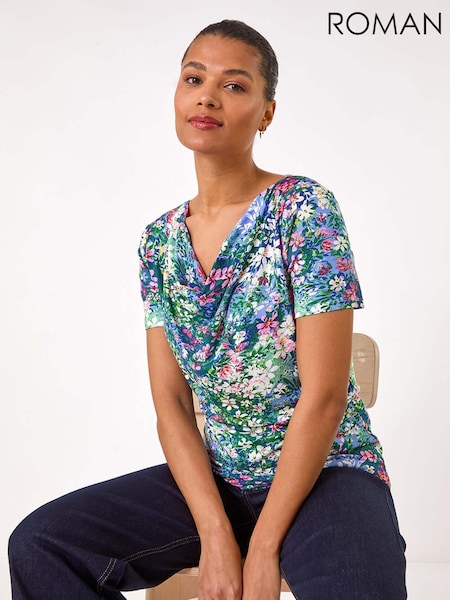 Roman Blue Floral Print Cowl Neck Stretch Top (F99378) | £32