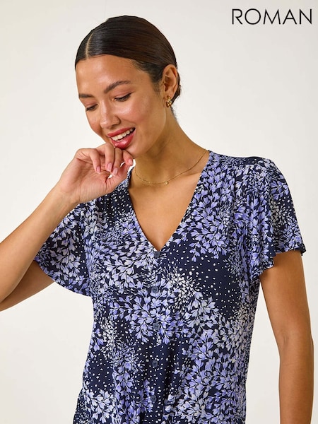 Roman Purple Floral Print Tie Front Stretch Top (F99389) | £32