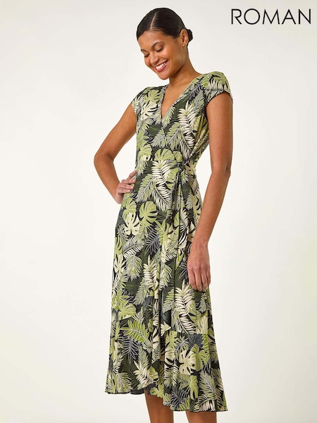 Roman Green Floral Stretch Midi Wrap Dress (F99517) | £42