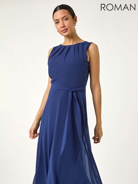 Roman Blue Chiffon Pleat Neck Midi Dress (F99521) | £54