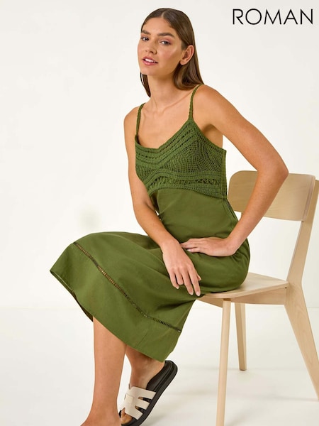 Roman Green 100% Cotton Lace Panel Strappy Midi Dress (F99548) | £45