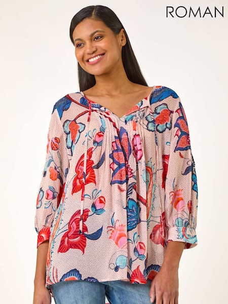 Roman Blue Floral Print Tie Front Top (F99549) | £42