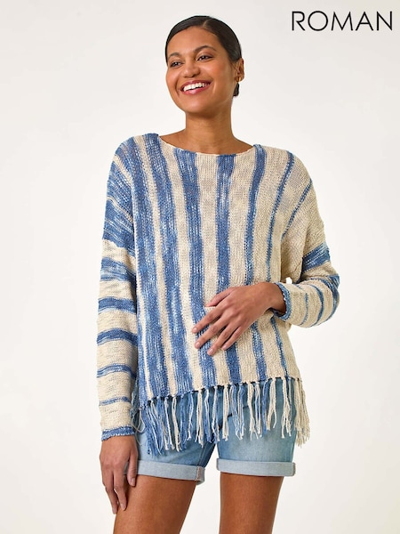 Roman Blue Textured Fringe Hem Knit Jumper (F99569) | £42