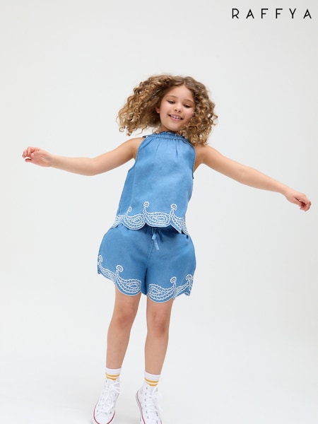 Raffya Blue Sue Embroidery 100% Cotton Top and Shorts Set (F99760) | £38