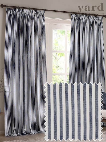 Yard Navy Hebden Striped Cotton Lined Eyelet Curtains Pair (F99957) | £39 - £96