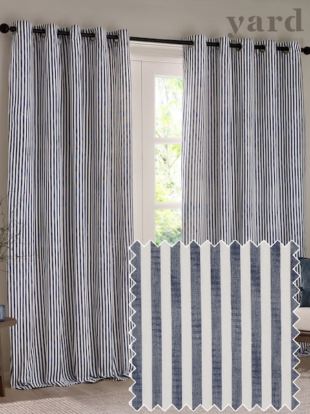 Yard Navy Hebden Striped Cotton Lined Eyelet Curtains Pair (F99961) | £36 - £88
