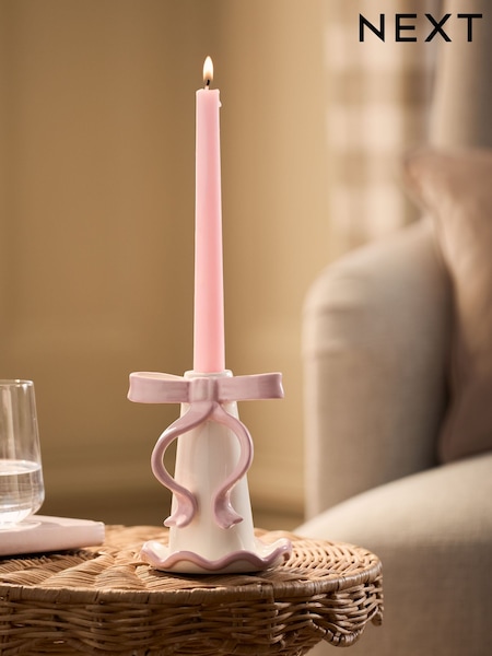 Pink/White Ceramic Bow Taper Candle Holder (G00039) | £12