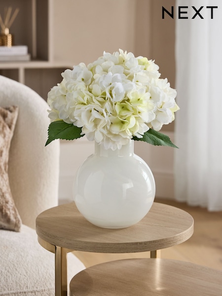 White Artificial Hydrangea Arrangement in Swirl Glass Vase (G00069) | £42