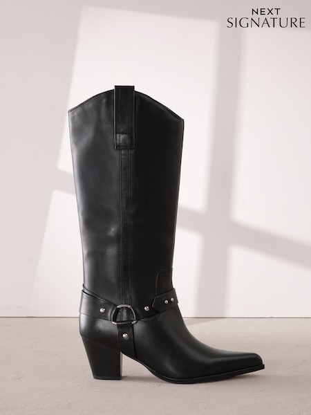 Black Leather Signature Chisel Toe Harness Western Cowboy Boots (G00094) | £115