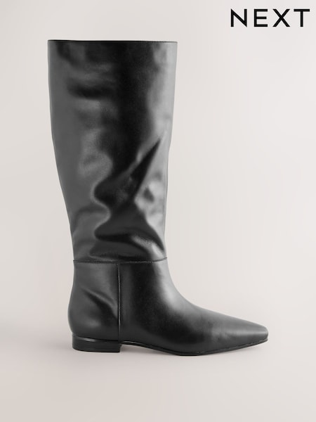 Black Leather Forever Comfort® Flat Chisel Toe Knee High Boots (G00096) | £88