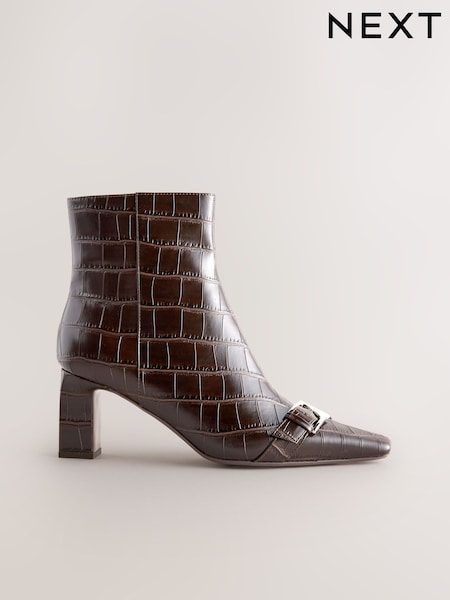 Chocolate Brown Croc Forever Comfort® Point Chisel Toe Block Heel Buckle Detail Boots (G00122) | £48