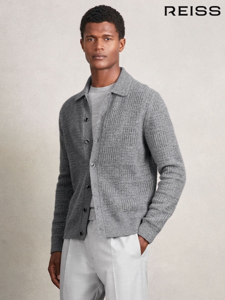 Reiss Mid Grey Lisbon Wool Button Through Pointelle Shirt (G00357) | £130