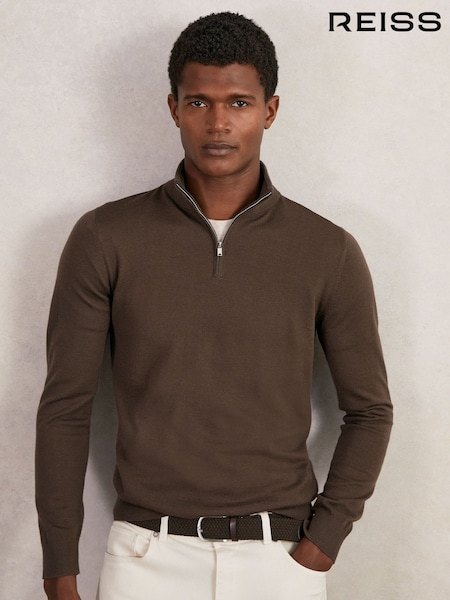 Reiss Chocolate Brown Blackhall Merino Wool Half-Zip Jumper (G00358) | £98