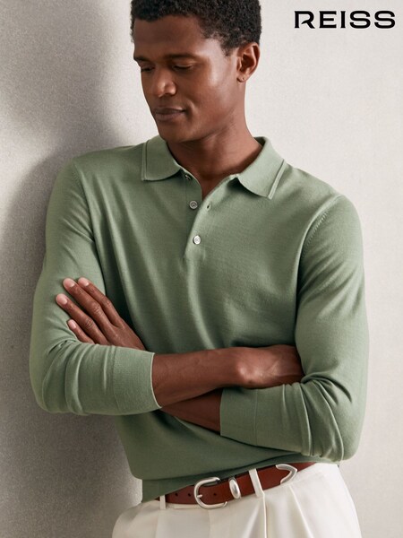 Reiss Harper Green Trafford Merino Wool Long-Sleeve Polo Shirt (G00360) | £98