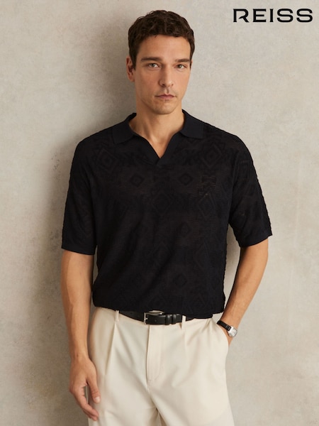 Reiss Navy Banks Jacquard Loop-Stitch Polo Shirt (G00418) | £98