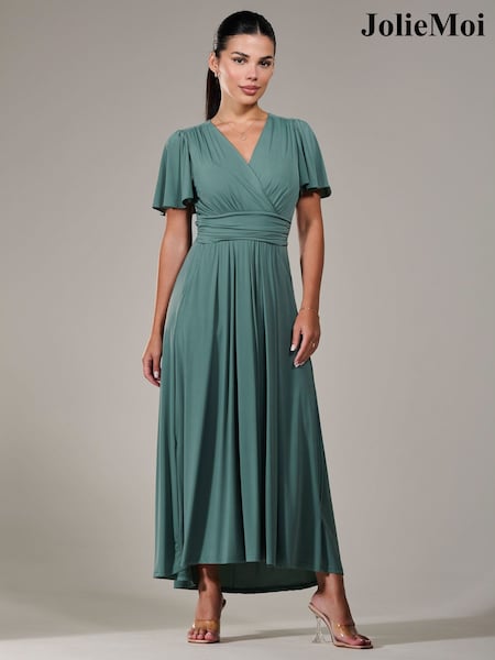Jolie Moi Green Petite Short Sleeve Soft Silky Jersey Maxi Dress (G00638) | £79
