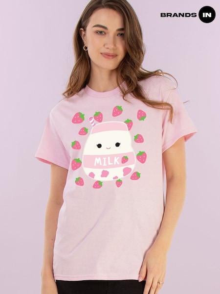 Brands In Pink Boyfriend Fit Womens Squishmallows Amelie Strawberries 100% Cotton T-Shirt (G00768) | £23