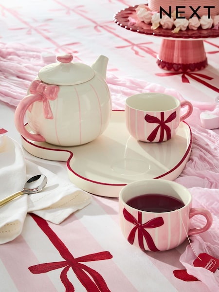 Pink Hearts and Bows Tea for Two Teapot Teacups and Tray (G00915) | £36