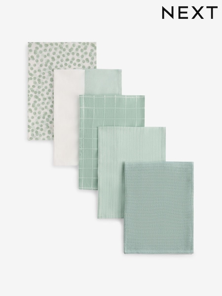 Set of 5 Sage Green Spot Weave Set of 5 Tea Towels (G00936) | £18