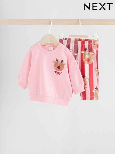 Red/Pink Reindeer Delicate All Over Printed Christmas Baby Sweat and Jogger Set (0mths-2yrs) (G01035) | £13 - £15