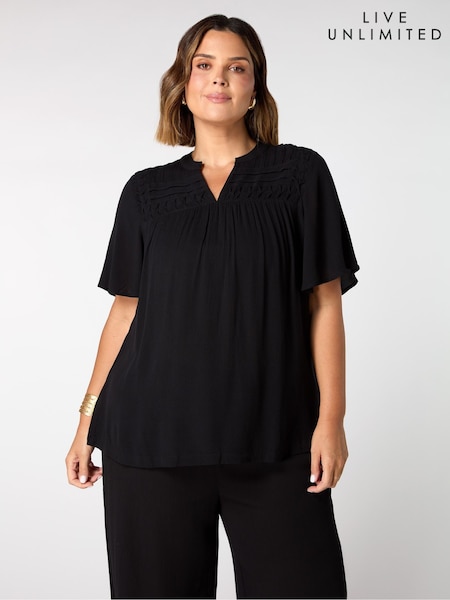 Live Unlimited Black Curve Crinkle Smocked Top (G01180) | £59