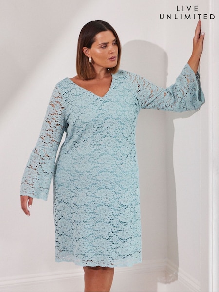 Live Unlimited Blue Dark Lace Dress With Flute Sleeve (G01195) | £189