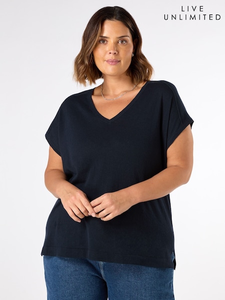 Live Unlimited Blue Curve Linen Blend V-Neck Knitted Top (G01198) | £65
