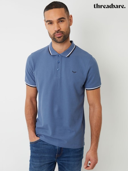 Threadbare Denim Blue Herringbone Tipping Cotton Pique Polo Shirt (G01395) | £20