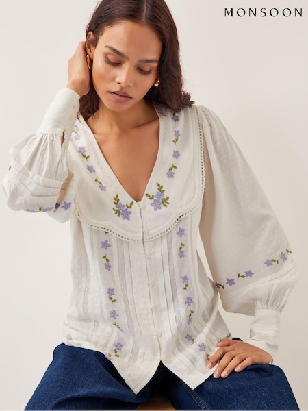 Monsoon Natural Matilda Floral Embroidered Blouse (G01693) | £65