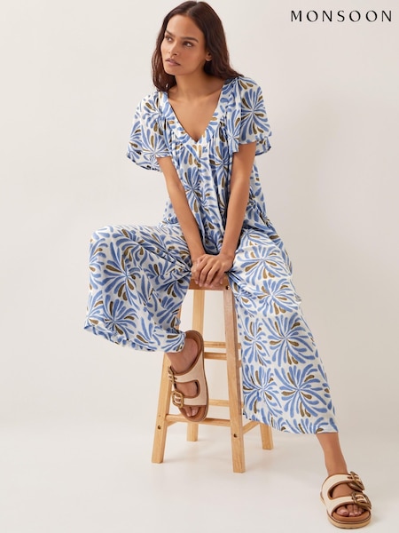 Monsoon Blue Cece Woodblock Wide Leg Jumpsuit (G01695) | £69