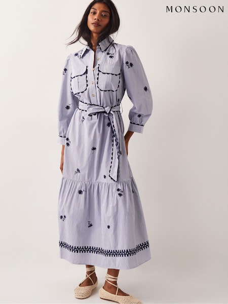 Monsoon Blue Amelia Embroidered Shirt Maxi 100% Cotton Dress (G01700) | £85