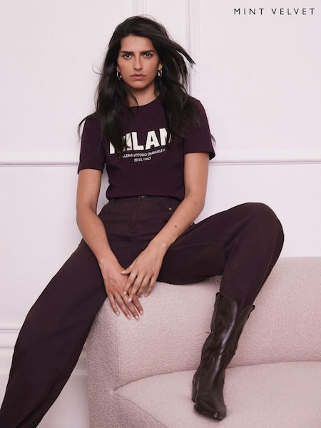 Mint Velvet Red Burgundy Cotton Graphic T-Shirt (G02396) | £45