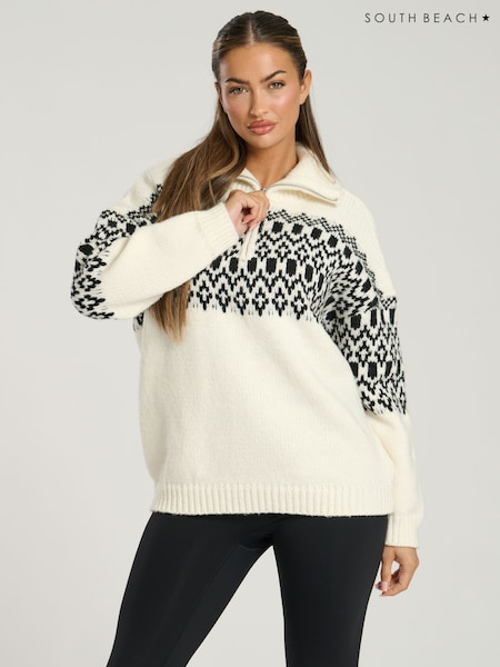 South Beach Cream Fairisle Pattern Half Zip Jumper (G02493) | £45