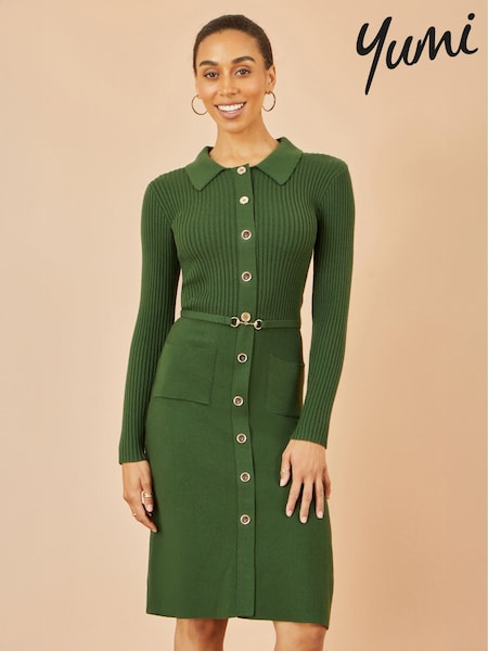 Yumi Green Rib Knit Midi Shirt Dress With Snaffle Belt (G02536) | £65
