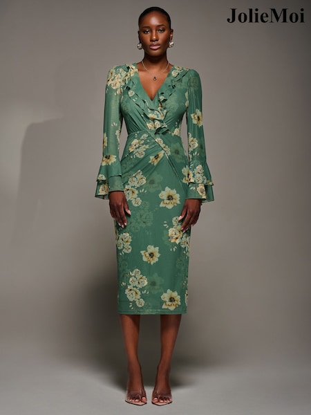 Jolie Moi Green Frill Sleeve Pleated Wrap Midi Dress (G04044) | £72