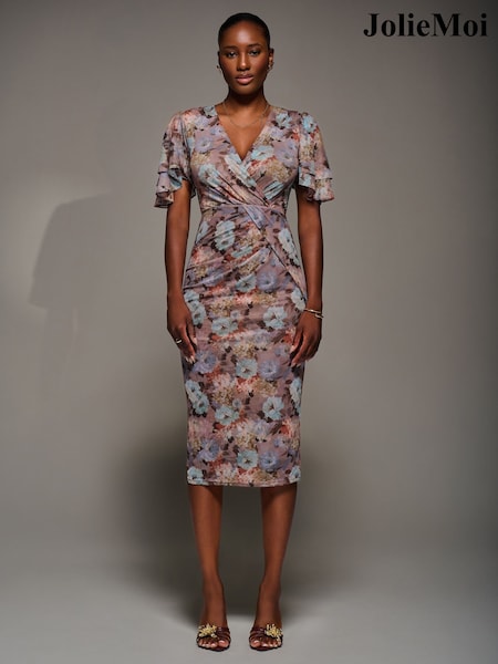 Jolie Moi Blue Print Mesh Angel Sleeve Bodycon Midi Dress (G04046) | £68
