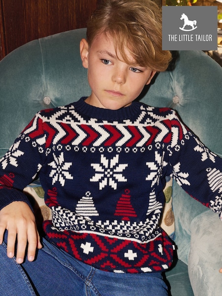 The Little Tailor Kids Blue Christmas Multicoloured Fairisle Cotton Jumper (G04306) | £34 - £36