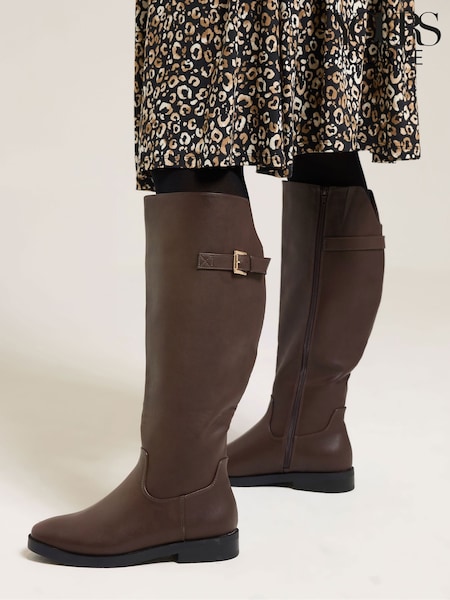 Yours Curve Brown Extra-Wide Fit Metal Buckle Rider Boots (G04594) | £60