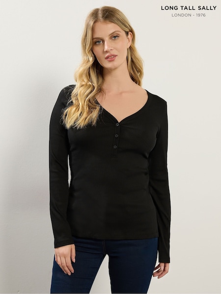 Long Tall Sally Black Long Sleeve Ribbed Henley Top (G04664) | £23