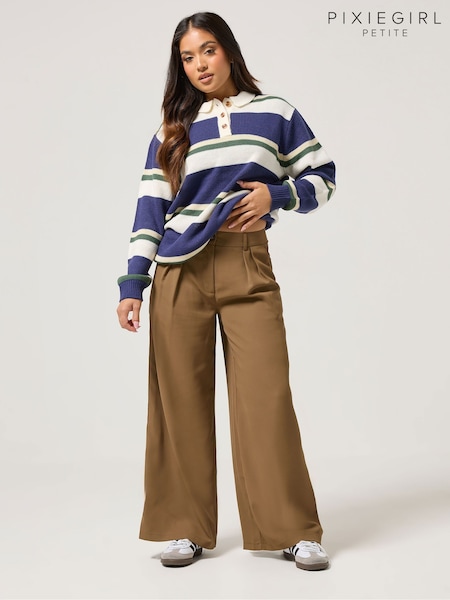 PixieGirl Petite Brown Pleated Front Wide Leg Dad Trousers (G04665) | £34