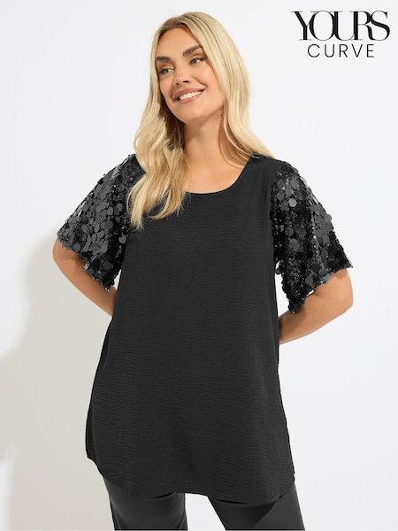 Yours Curve Black Party Sequin Short Sleeve Blouse (G04666) | £31