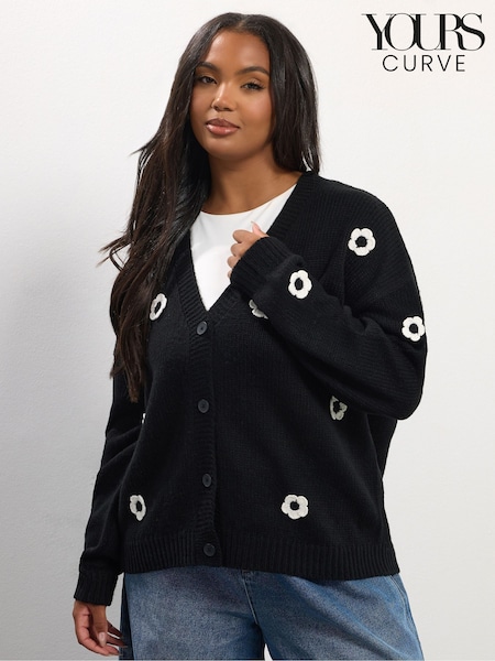 Yours Curve Black Flower Detail Cardigan (G04886) | £34